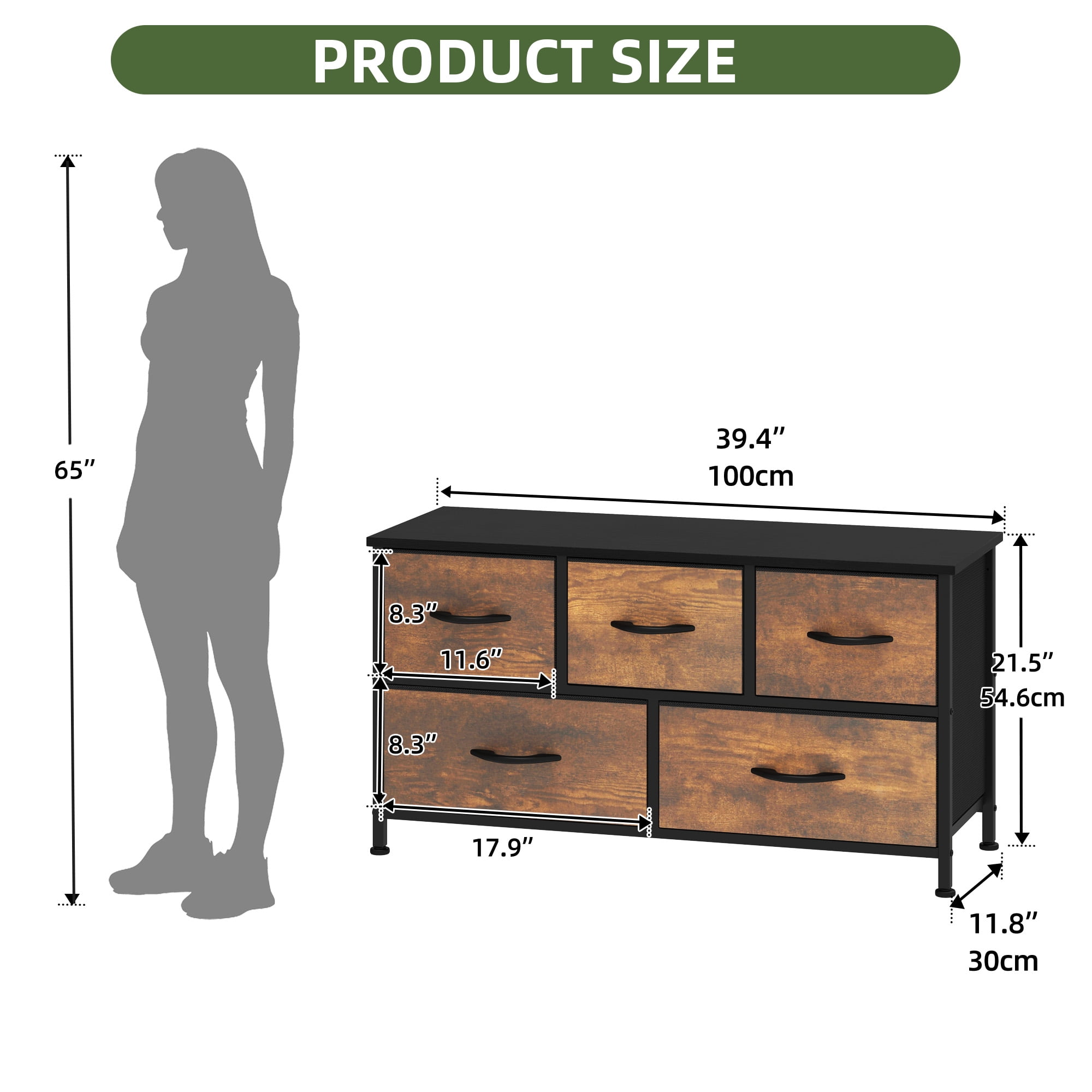 Uforic 5 Drawer Dresser for for Adult, Fabric Wide Chest of Drawers Nightstand Storage Tower Wooden Top, Brown