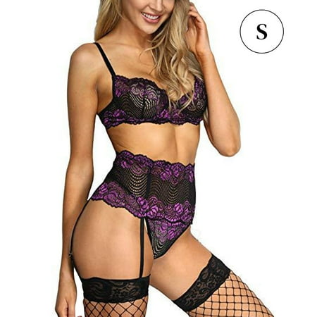 

Women Fashion Lingerie Set with Garter Belts Bra Panty Floral Underwear Purple S