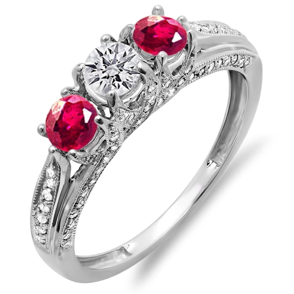 Dazzlingrock Collection 14k Round White Diamond And Ruby Ladies Vintage Bridal 3 Stone Engagement Ring, White Gold, Size 8
