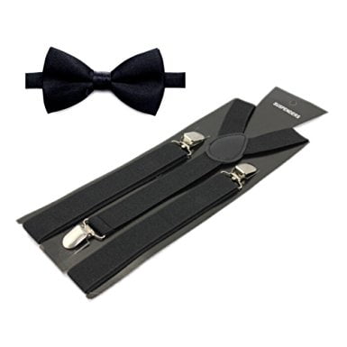 Black Faux Leather Adjustable Bow tie and Black Adjustable Suspenders Combo-New! 