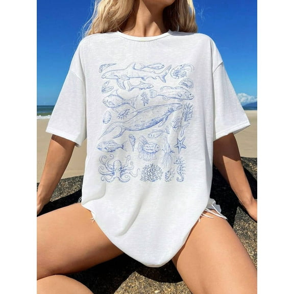Casual Round Neck Short Sleeve Ocean Animal Print Oversized T-Shirt For Women, Suitable For Summer
