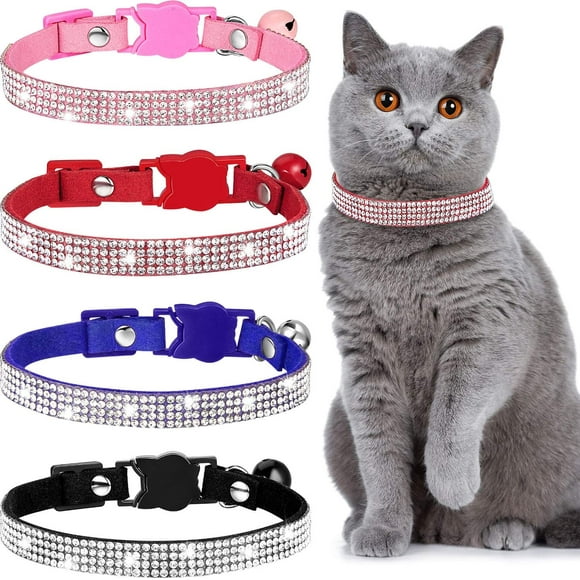 4 Pieces Rhinestones Cat Collars Breakaway Cat Collar with Bell Bling Pet Collars with Soft Velvet, 4 Colors