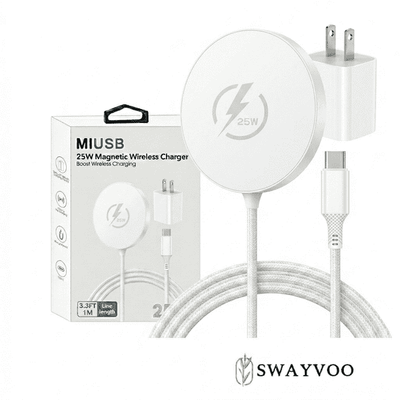 Swayvoo 25W Qi2.2 Fast Wireless Charging Pad for MagSafe, Portable Magnetic Wireless Charger for iPhone 17/16/15 Series with 3.3ft Cable White