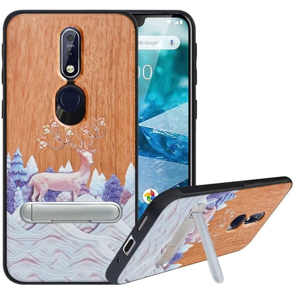 Labanema Nokia 7.1 2018 Case, Nokia 7.1 2018 Cover with Metal Kickstand, Natural Wood TPU Cover, Anti Scratch Case for Nokia 7.1 2018 (Elk)