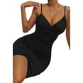 thumbnail image 2 of Women'S 2025 V Neck Spaghetti Straps Wrap Ruched Sheath Bodycon Cocktail Evening Party Night Club Dresses Black L, 2 of 9