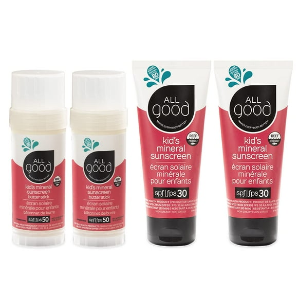 Crema solar All Good Baby & Kids SPF 50 en barra de mantequilla y lociones SPF 30