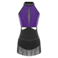 thumbnail image 4 of YiZYiF Womens Sparkle Latin Dance Leotard Tassel Skirt Halter Backless Bodysuit Cha Cha Rumba Shows Purple S, 4 of 6