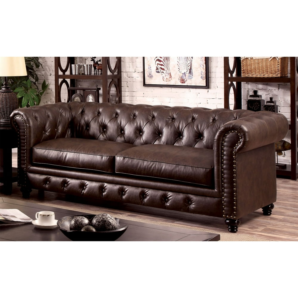 Furniture of America Tufted Glam Faux Leather Nyssa Tuxedo Sofa, Brown