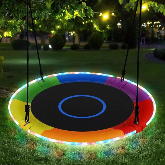 700lbs 40" Saucer Tree Swing for Kids Adults Outdoor with LED Lights, 2 Tree Hanging Straps-Rainbow