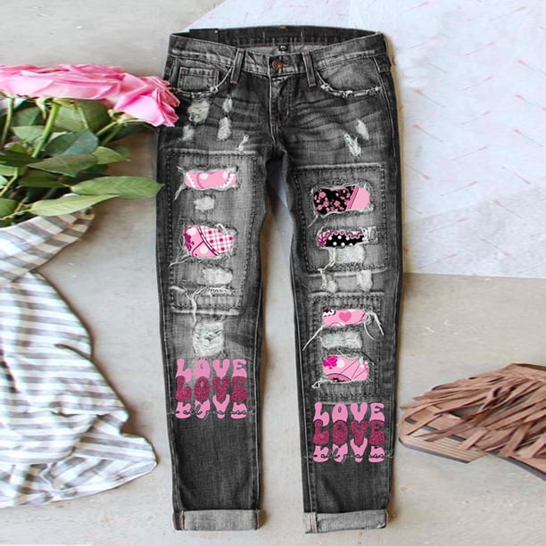 WILLBEST Jeans Mujer Vaqueros Rectos Rotos Con Estampado para Mujer, Tiro Medio, Cómodos, de Tela Vaquera Con Estampado, Corte Informal XXXXXL