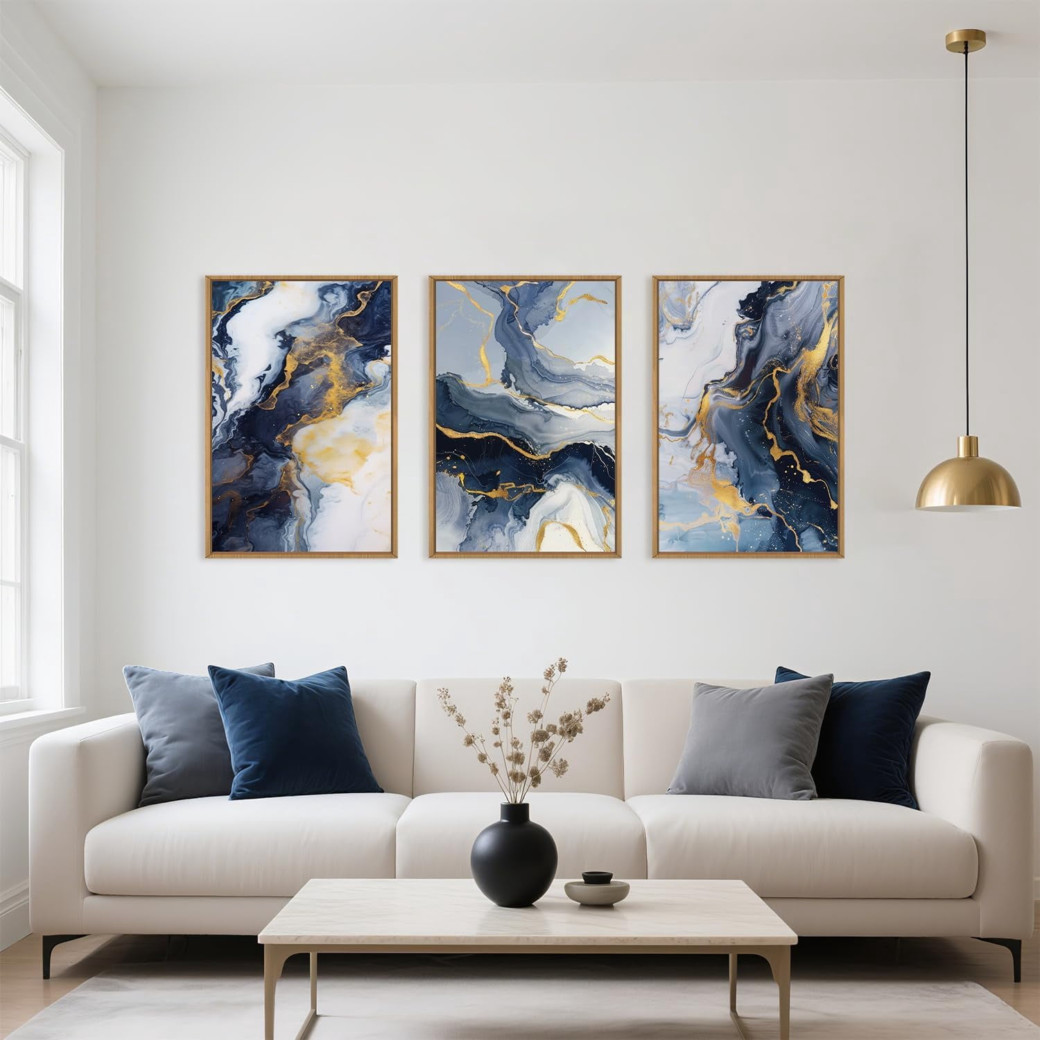 Blue Abstract Framed Canvas Wall Art Set, Blue Golden Aesthetic Wall Decor, Navy Blue Gold Wall Painting, Neutral Modern Art Print for Living Room, Bedroom, Dining Room, Office 16"x24"x3