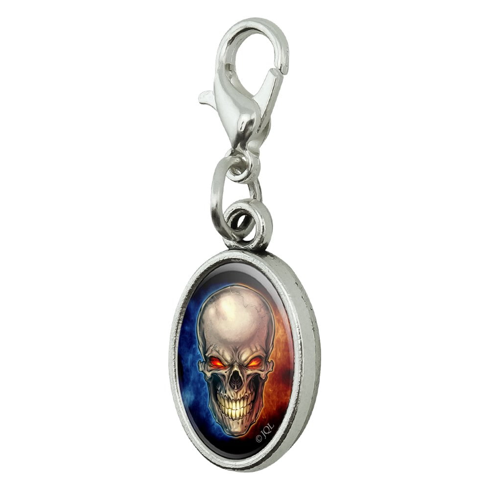 GRAPHICS & MORE Skull Blue Red Flaming Glowing Eyes Silver Plated Bracelet with Antiqued Oval Charm