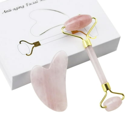 Beauty Slimming Equipment Rose Quartz Roller Set Face Massager Natural Facial Slimming Massage Roller Stone Gua Sha Scraping Tool Beauty Care Set Gift Box ()