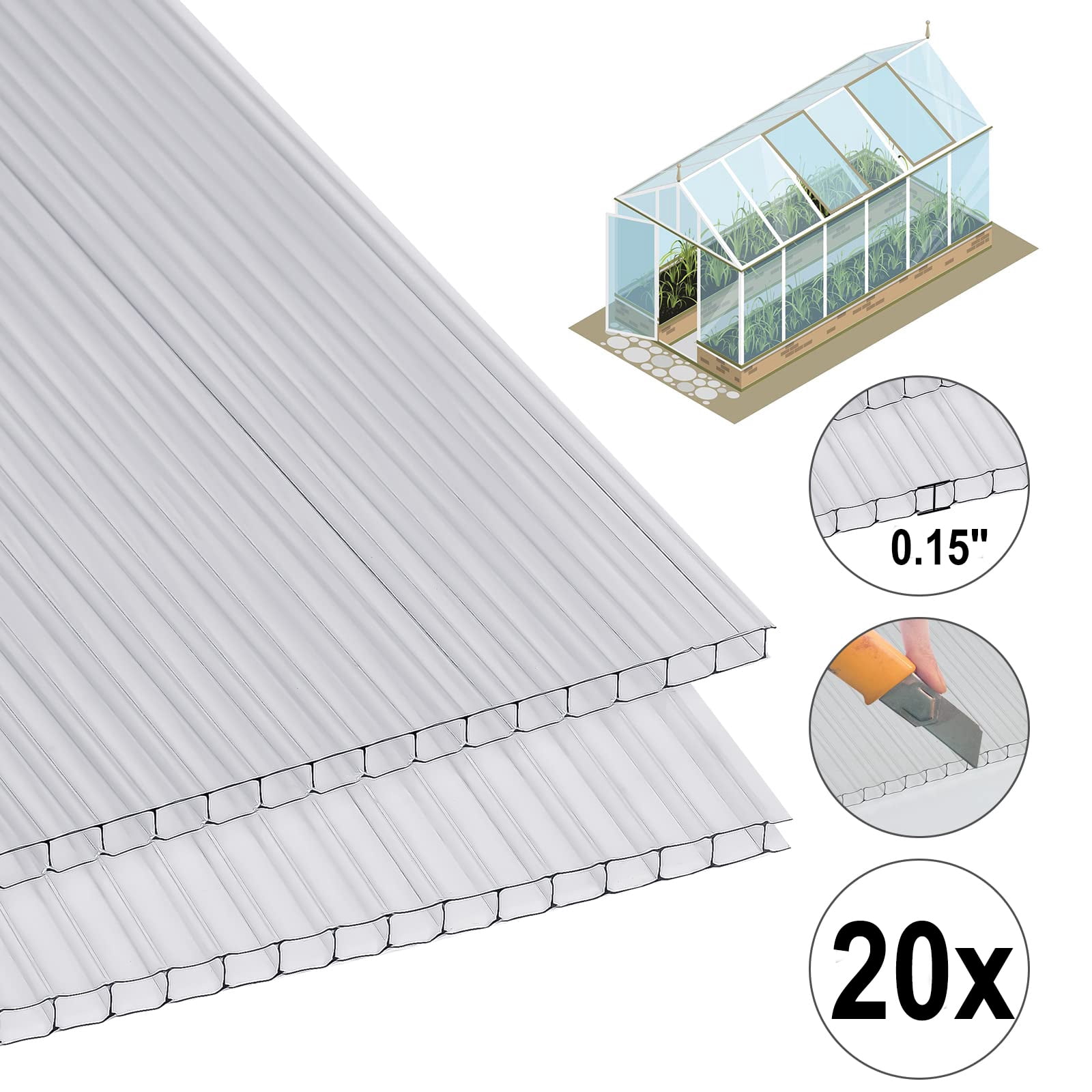 "LZBEITEM Garden Sheeting Cover - 20pc 24.01""x48.03"" UV Protected Twin-Wall Polycarbonate Panels for Greenhouse"