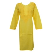 Mogul Womans Long Tunic Caftan Dress Yellow Embroidered Cotton Kurta XXXL