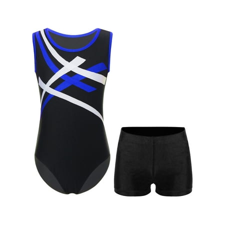 Sywiyi Kids Sport Workout Outfit Girls Gymnastics Dance Leotard Sparkly Bodysuit and Yoga Shorts Blue&Black 14