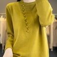 thumbnail image 4 of Wyobmus Womens Woolen Sweater Casual Round Neck Button Solid Color Loose Base Cable Knitted Sweater Tops A-Yellow, 4 of 6