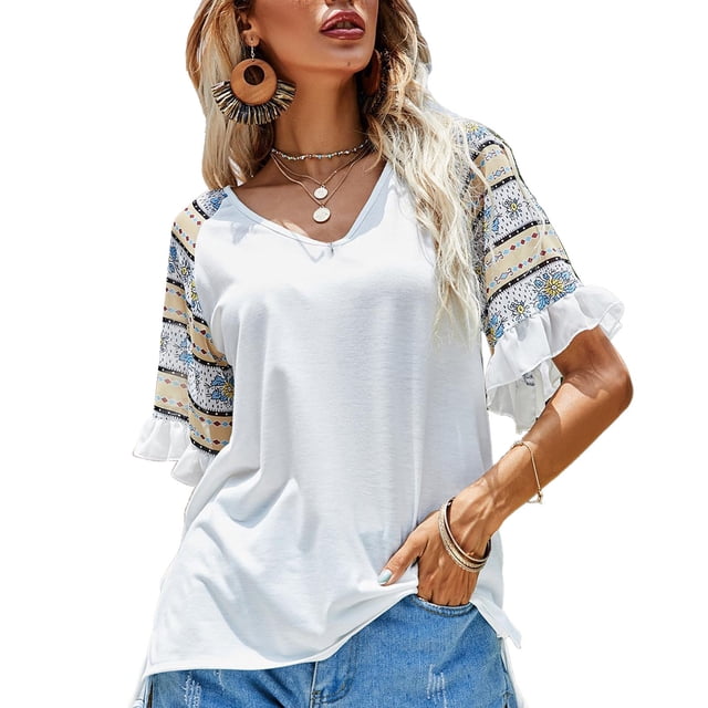 Camiseta con estampado de empalme para mujer, transpirable, elegante, informal, suelta, con cuello en V, manga con volantes, para el trabajo diario