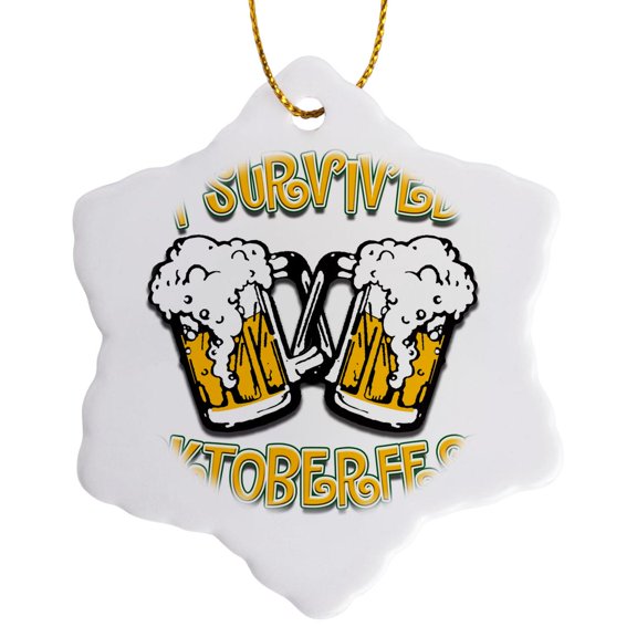 3drose, Text with I Survived Oktoberfest, 3 inch Snowflake Porcelain Ornament