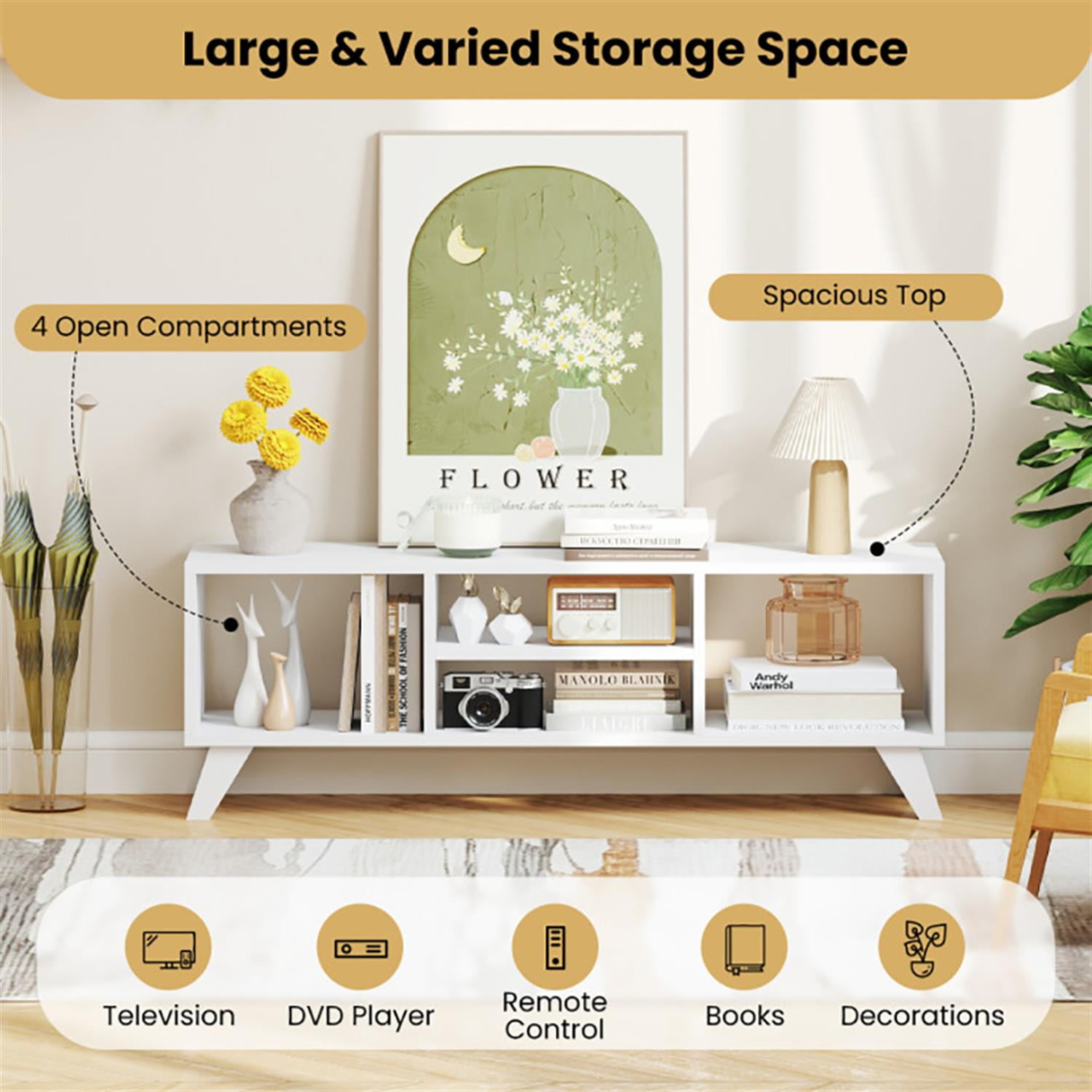 Demi Bonn TV Stand for 60" TVs, Entertainment Center with Raised Support Legs, Modern Media TV Console Table for Living Room Bedroom, White