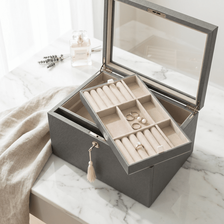 Hives and Honey Danielle Leather Jewelry Box for Women, Pewter