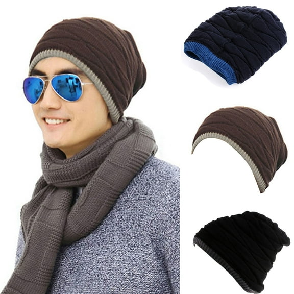 Visland Men Winter Beanie Hat, Fashion Casual Soft Skin-friendly Stretch Double-layer Knitted Plush Winter Head Warm Skull Cap for Skiing Snowboarding Camping