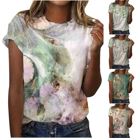 Fesfesfes Tshirt for Women Fashion Summer Tie Dye Printed Regular Tops Women Short Sleeve T-Shirts Round Neck Button Top Woman Shirts S(US:4)