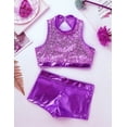 thumbnail image 6 of Sxiwei Kids Girls Shiny Sequins Mock Neck Crop Top with Booty Shorts Set Gymnastics Dancewear Purple 6, 6 of 7