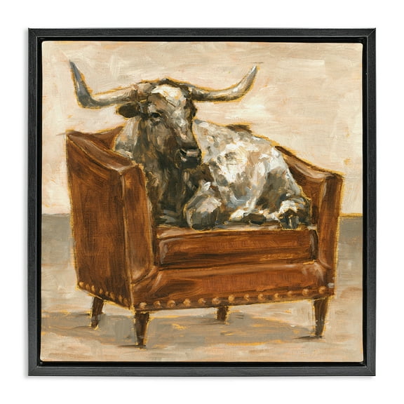 Stupell Industries Brown Bull Resting in Chair Painting Animals & Insects Painting Black Floater Framed Canvas Art Print Wall Art, 18 x 18
