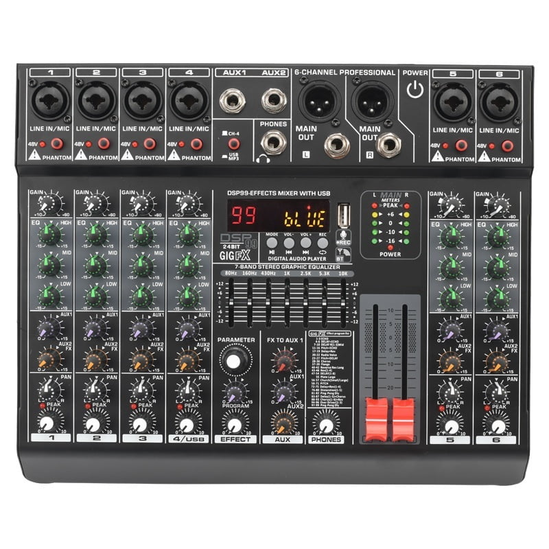 6 Channel Mixing Console 99 Effect 7 Band EQ Sound Mixer USB PC Record Bluetooth AUX DJ Controller