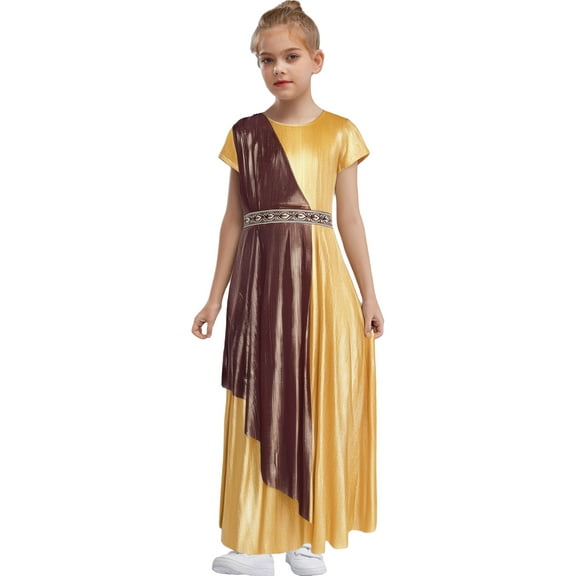 iiniim Kids Girls Greek Toga Robe Short Sleeve Metallic Ancient Greece Gown Princess Dress Halloween Cosplay Gold 10