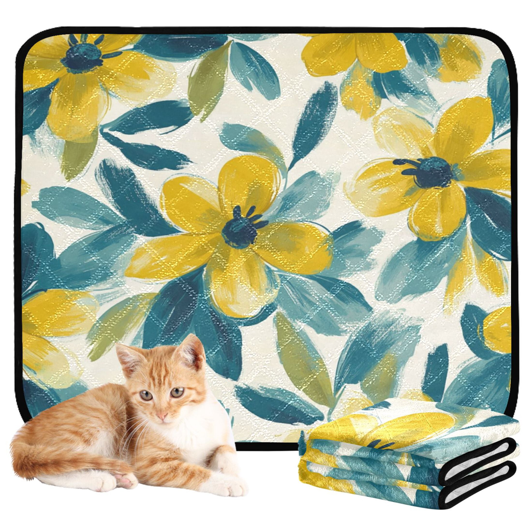 Qxltty Yellow and Teal Flowers Cat litter Pads Pet Set of 2 Diaper Mats Center Anti-leakage Layer Absorbent Soft and Comfortable