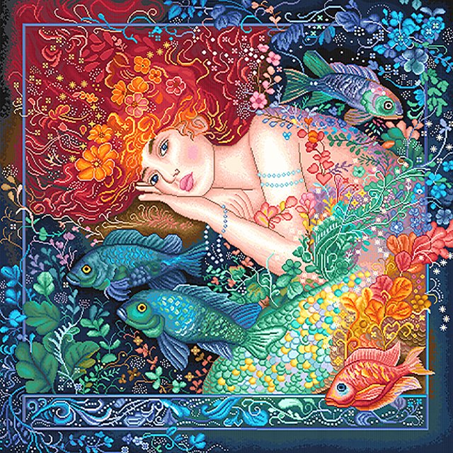 Kits impresos de algodón de 11 quilates de punto de cruz completo de sirena de mar profundo bordado de hilo FLhrweasw Nuevo