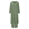 thumbnail image 4 of under $5 JINMGG Two Piece Outfits Women, 2025 Fashion Fall Women's Solid V-Neck Long Sleeve Split Top and Pants Set Green XXXXXL, 4 of 6