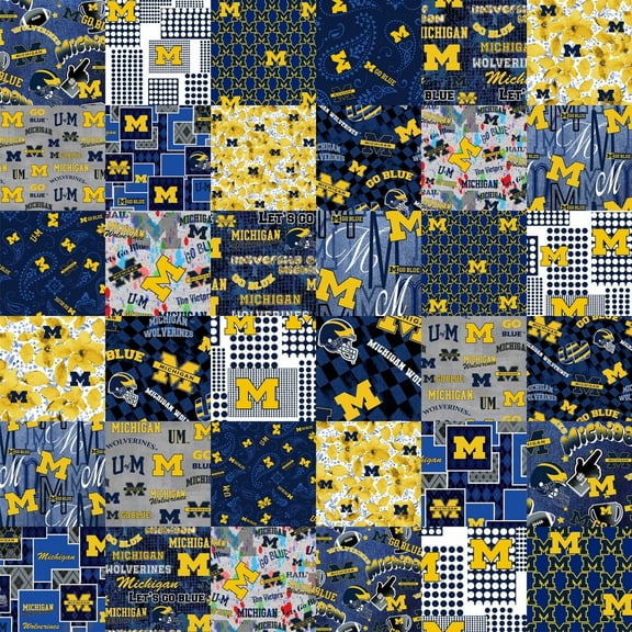 Official Licensed University of Michigan Cheater Quilt Printed Cotton Fabric-Michigan Wolverines Cotton Fabric with Patchwork Cheater Quilt Print-60” Width