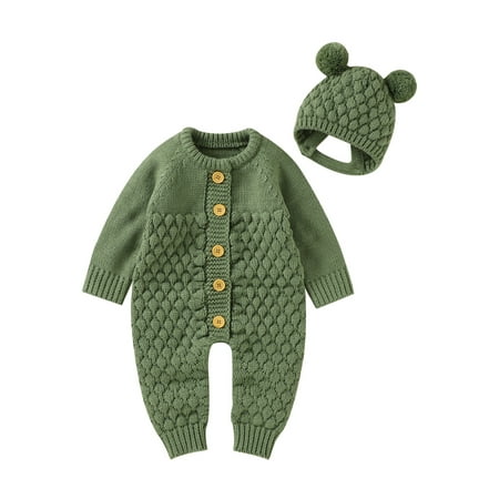 

Peyakidsaa Newborn Baby Knitted Sweater Romper Long sleeve Jumpsuit with Warm Hat Set 0-18 Months