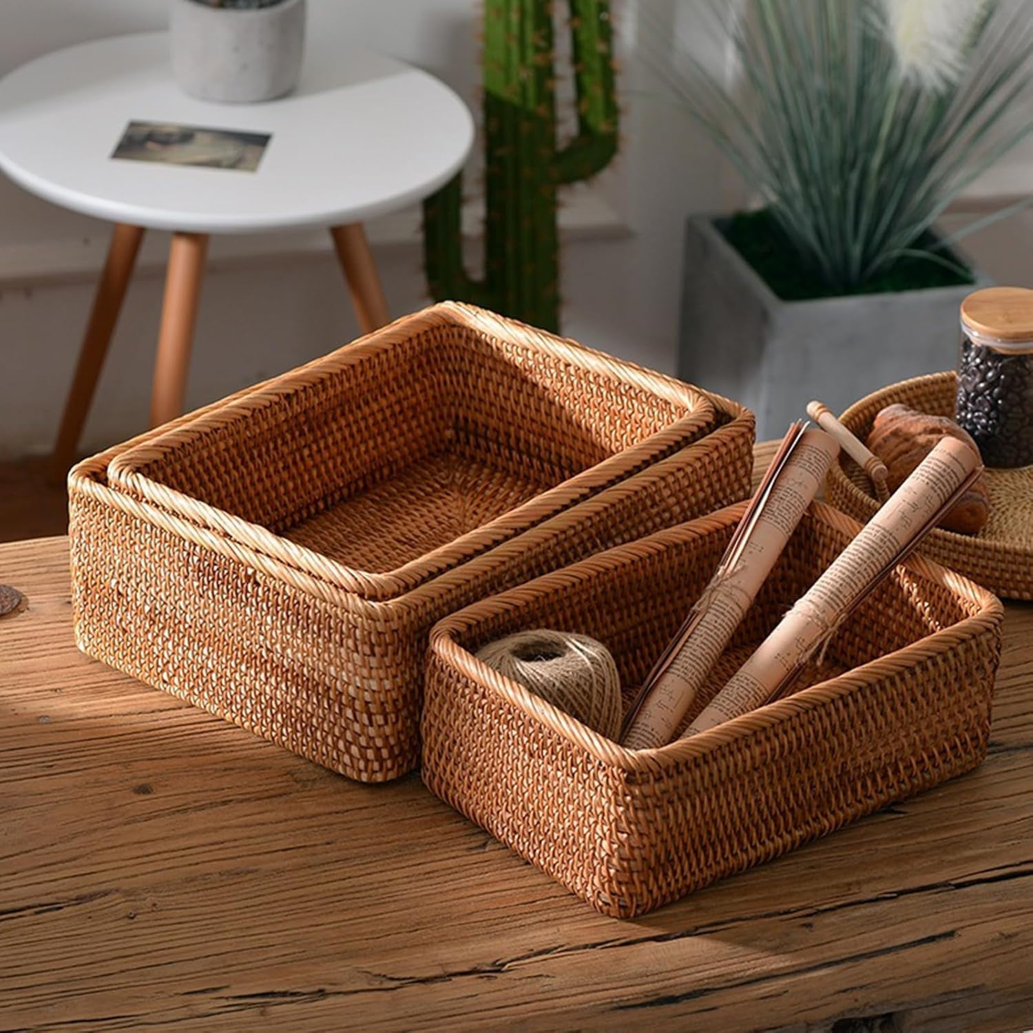 3 Pack Rectangular Rattan Storage Baskets, Bulk Shallow Wicker Baskets for Decor, Handmade Woven Nesting Bread Baskets for Organizing, Serving, for Kitchen, Home, 3 Sizes