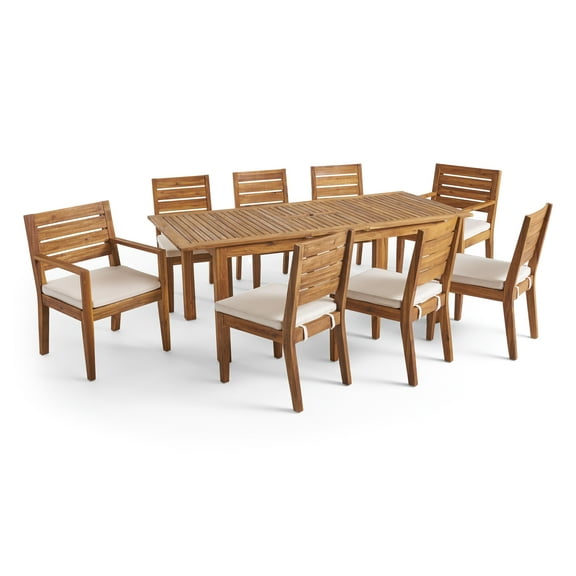 GDF Studio Agnew Outdoor Acacia Wood 9 Piece Expandable Dining Set, Sandblasted Natural and Beige