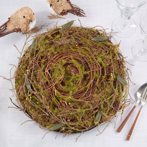 Fennco Styles Handcrafted Twig & Moss Decorative Placemat 15" Round, 1-Piece - Green Rustic Design Table Mat for Home, Christmas Décor, Dining Table, Banquets, Special Events