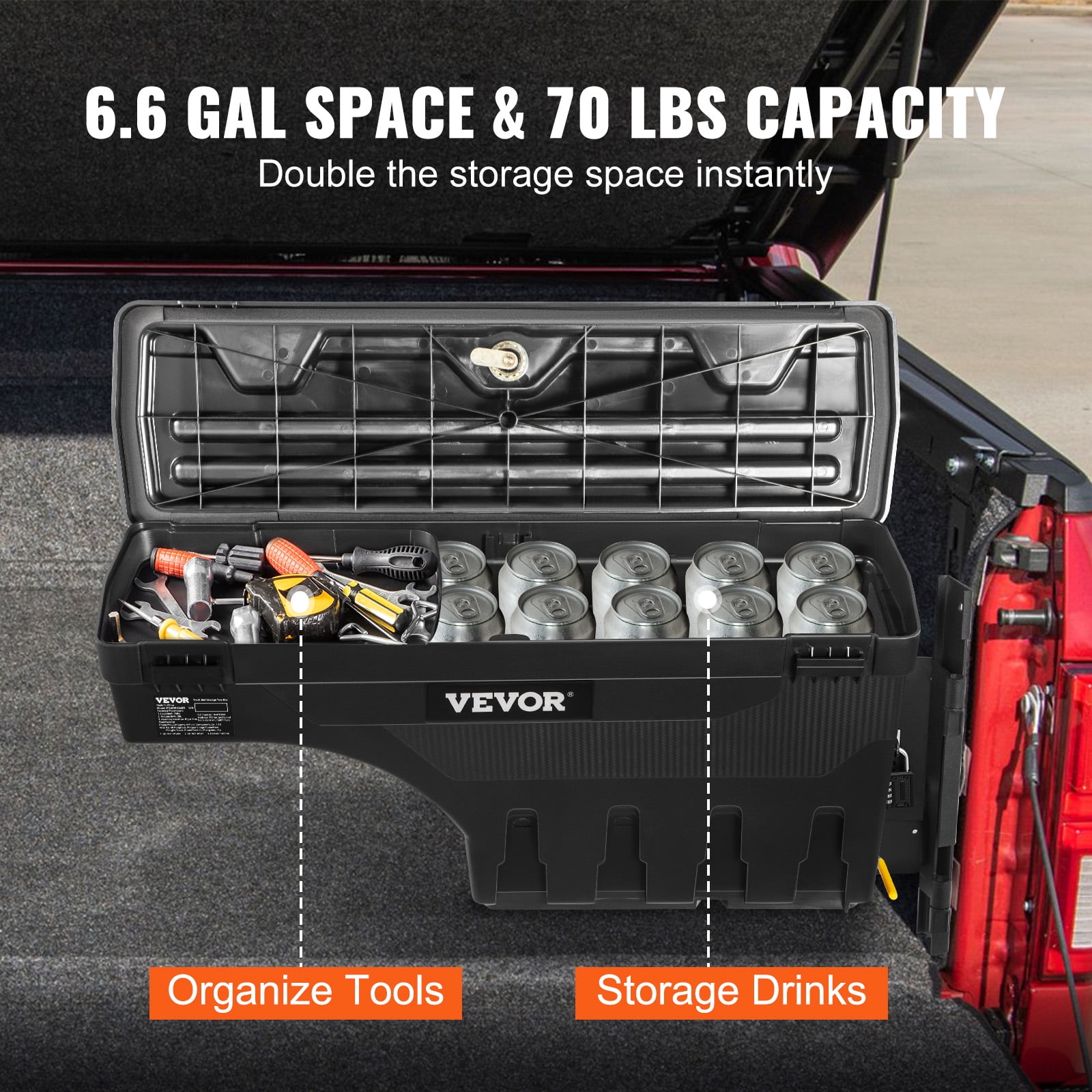 VEVOR Truck Bed Storage Box, Lockable  with Password Padlock, 6.6 Gal/25 L ABS Wheel Well Tool Box, Waterproof and Durable, Compatible with Ford F-150 2015-2021, Passenger Side