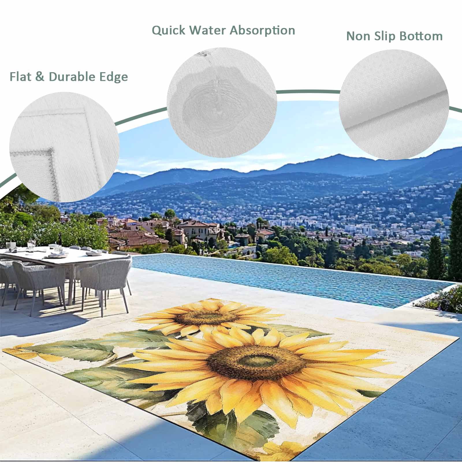 Sunflower Blossom Outdoor Rug 5x7 Ft - Reversible Patio Rug Outdoor Camping Rugs, Spring Summer Retro Botanical Floral Washable Indoor Outdoor Area Rugs, Non-Slip Outdoor Carpet Runner for Deck/Porch
