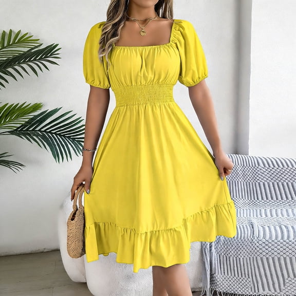 Karymi Wedding Guest Dresses for Women Square Neck Solid Puff Sleeve Dress, Stretchy Smocked Waist Flowy Ruffle Hem Summer Sundress Fore Dates Daily Maxi Dress