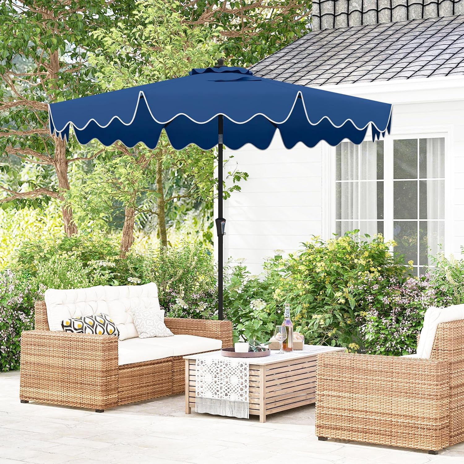 CHTER 9Ft Patio Umbrella with Crank, 2-Tier Outdoor Umbrella with Push Button Tilt, Sun-Protective Canopy, 8 Ribs, Scalloped Patio Umbrella for Outdoor Beach Deck Pool Table (Blue)