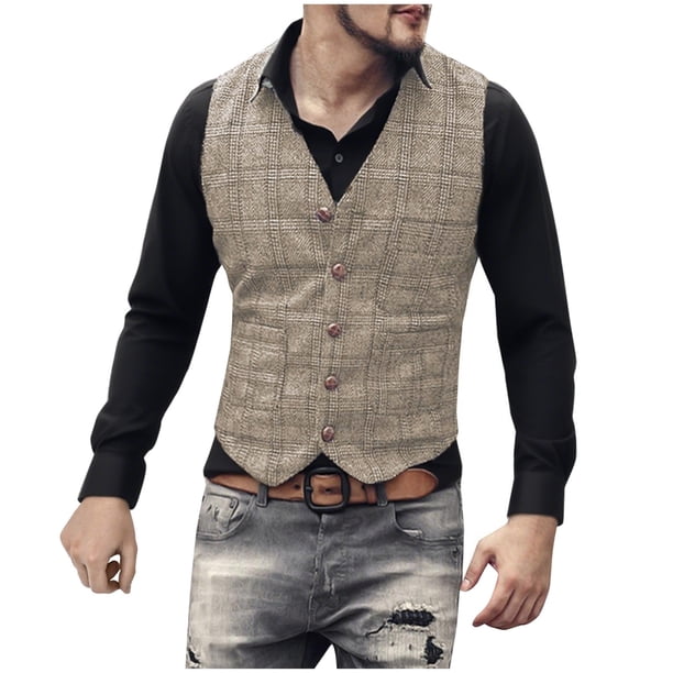 Camiseta sin mangas con cuello en V para hombre, estilo vintage, informal, a cuadros, con botones y bolsillos, sin mangas, con cuello en V