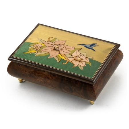 Handcrafted Tropical Theme Inlay Music Box With Hummingbird And Floral Design, Music Selection - I Want To Hold Your Hand (The