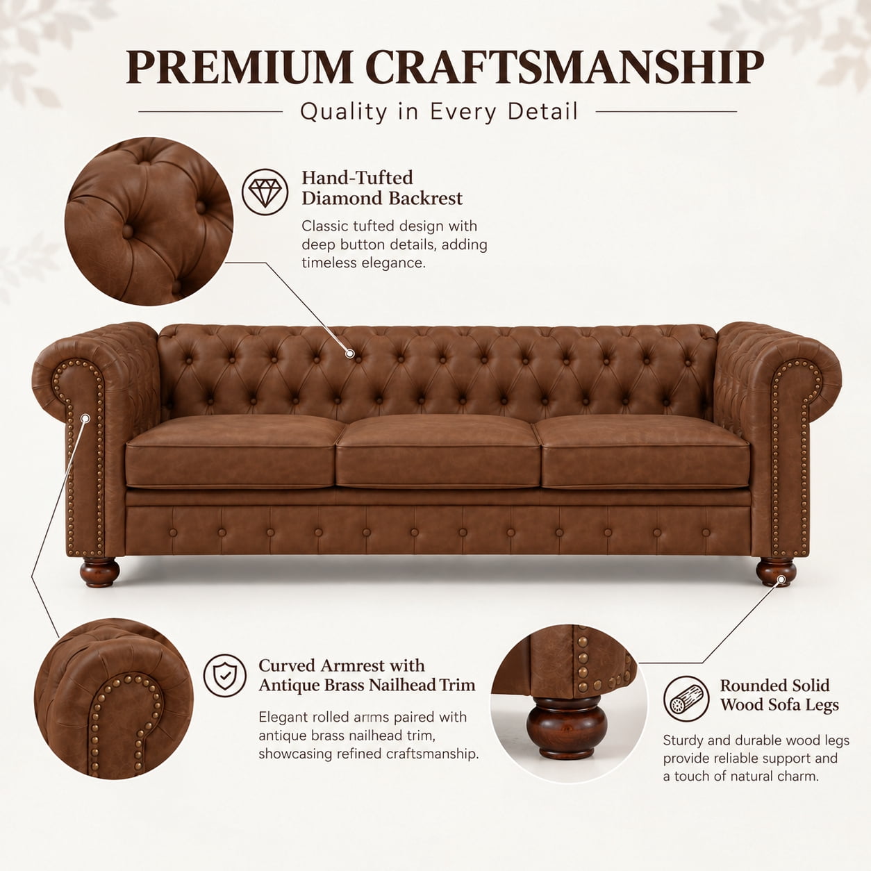 Anpport 81" Rolled Arm Chesterfield Sofa, Faux Leather 3 Seater Couch, Button Tufted, Nailhead Trim & Solid Wood Legs for Living Room & Office, Brown