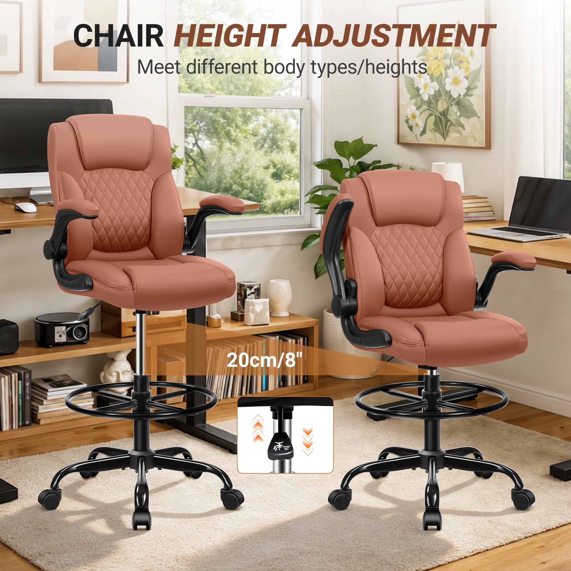 COOLHUT High Back Office Chair with Flip-Up Armrests, PU Leather Executive Ergonomic Computer Chair, Features Lumbar Support, Adjustable Foot Ring for Standing Desks, Home Offices, Brown