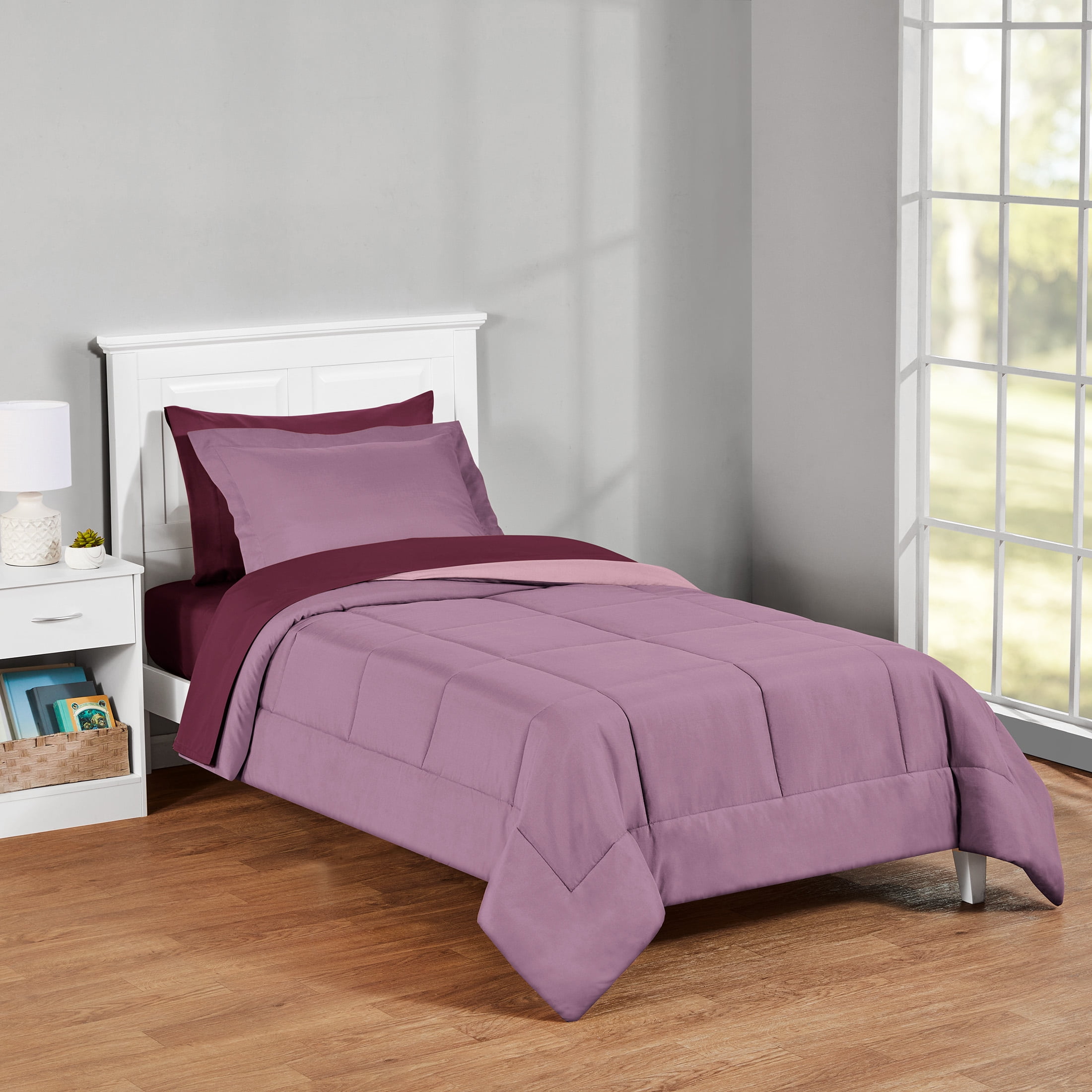 Mainstays 5-Piece Reversible Bed in a Bag Comforter and Sheet Set, Purple