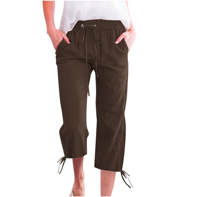 FAIWAD Cotton Linen Capris for Women Drawstring Hight Waist Beach Cropped Pants with Pockets