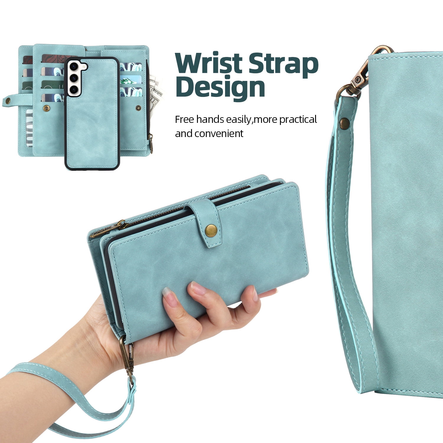 Dteck for Samsung Galaxy S24 Case, Samsung S24 Case Wallet for Women Men, Durable PU Leather Magnetic Flip Lanyard Strap Wristlet Zipper Card Holder Phone Cases for Galaxy S24 5G,Green